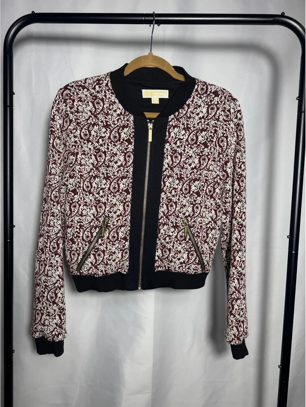 Michael Kors Women's Medium Burgundy and White Patterned Bomber Jacket